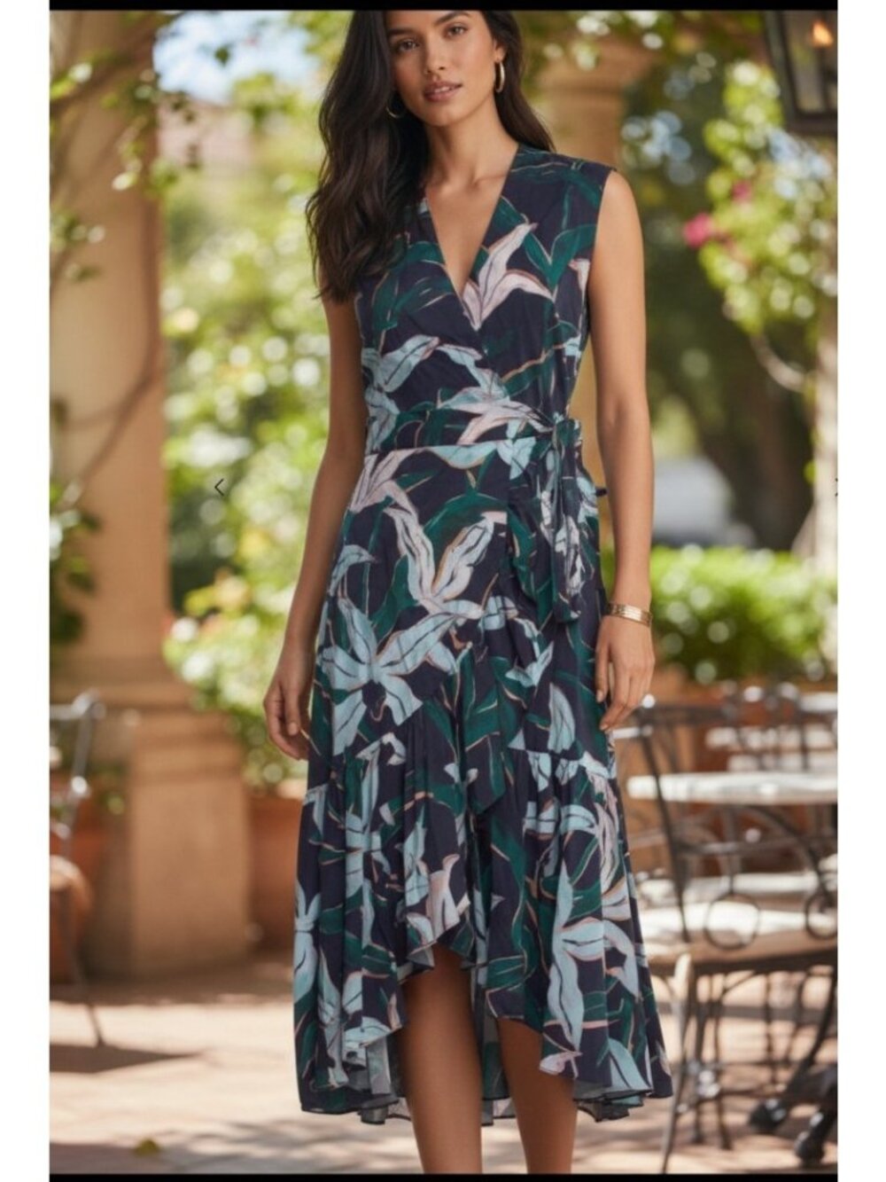 Tory Burch Floral Print Wrap Maxi Dress XS Cotton Ruffle Hem Sash Tie Tropical